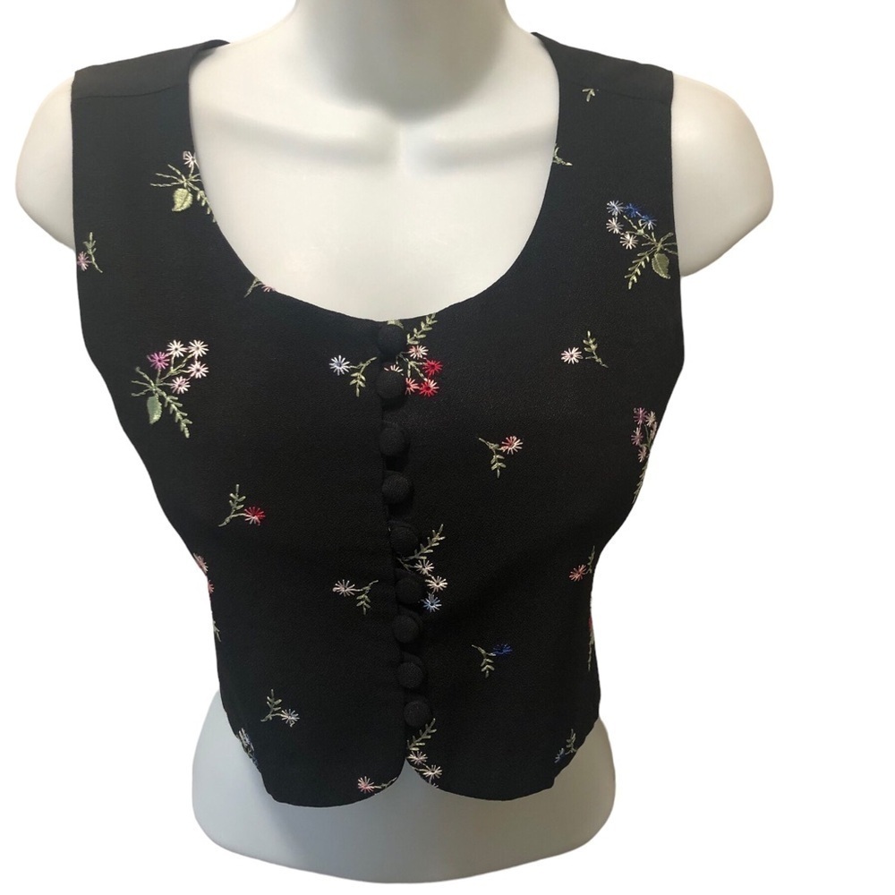 VTG 80’s Cropped Button Front Black Floral Embroidered Vest Size 3JR Dressy